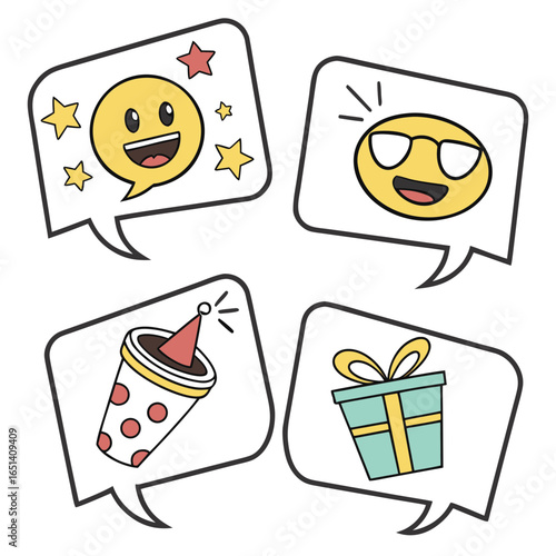 Illustrations of emojis, party popper and gift box in speech bubbles for social media and messaging apps