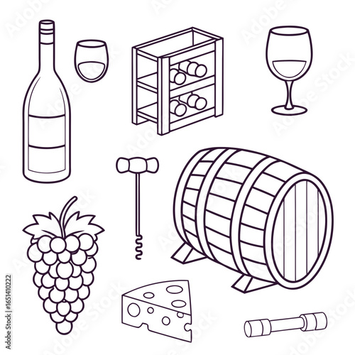 Outline wine tasting set with bottle glass barrel cheese and grapes vector illustration for design and coloring
