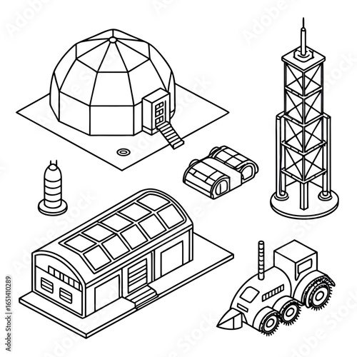 Isometric outline drawing of a futuristic mars colony base with habitat dome and rover for coloring pages