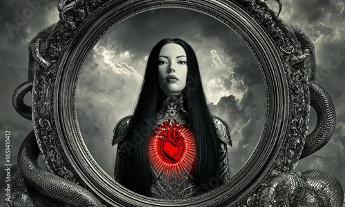 A grayscale portrait of a woman with long dark hair, framed by an ornate, snake-entwined mirror against a stormy sky; her chest bears a glowing red heart