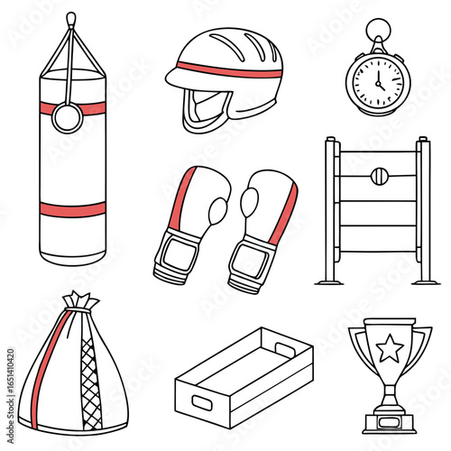 Boxing equipment vector illustration: punching bag, helmet, gloves, timer, trophy, and more sports gear