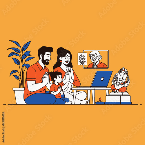 An illustration of a family conducting a Ganesha puja from home, connecting with an elderly relative via a laptop, showcasing a modern virtual celebration.
