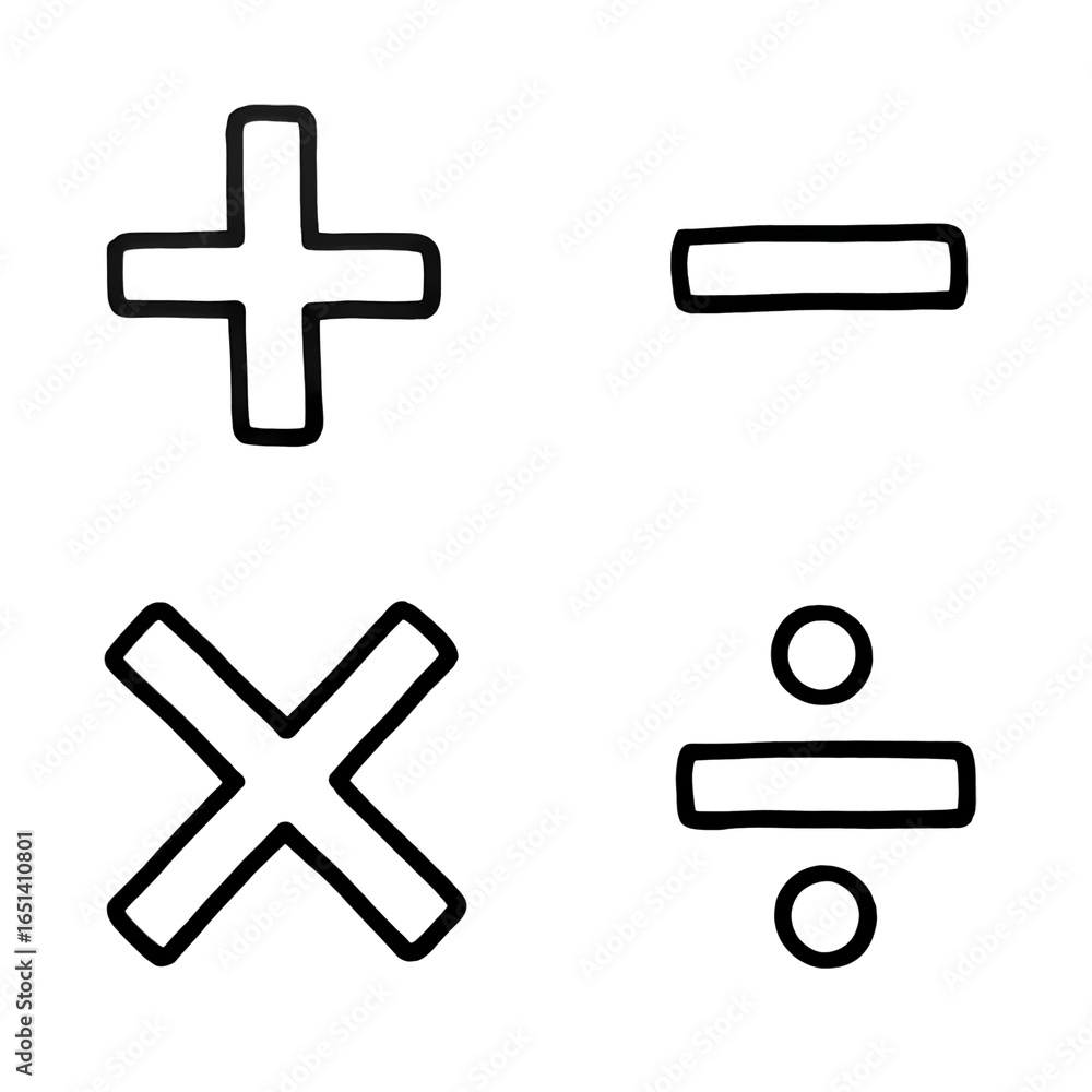 Fototapeta premium Plus, Minus, Multiply, Divide Symbols: Math Signs, Arithmetic Operators, Calculation Icons, Black and White, Graphic Design Elements