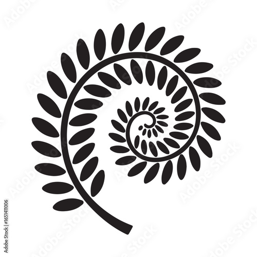 Silver Fern Koru Minimalist Black Vector Design Graphic Element. Vector black silhouette. with white background
