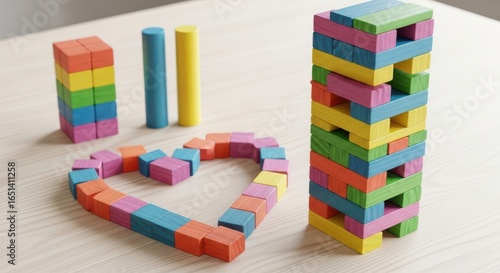 Colorful building blocks arranged in a heart shape and tower