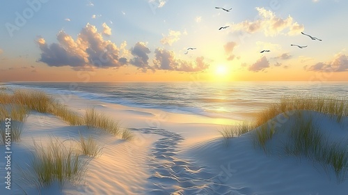 Sunset over Beach with Sand Dunes and Seagulls in Flight 