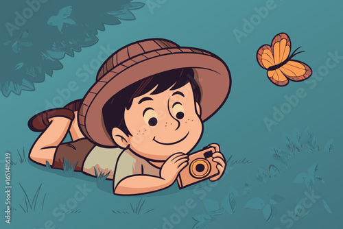 Boy with toy camera and photographer hat lying on grass taking “photos” of butterfly