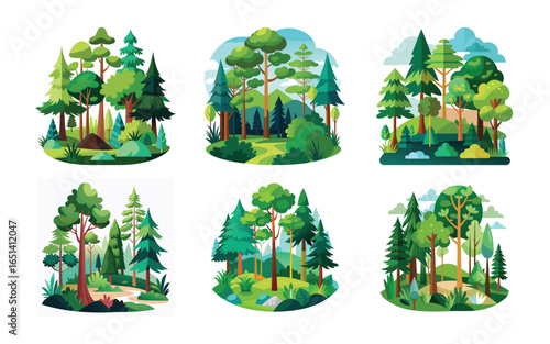 Six vibrant forest illustrations showcasing diverse tree types landscapes and nature scenes