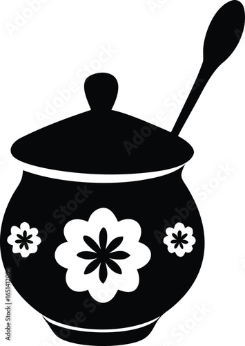 Black and white icon of a lidded pot with a spoon and floral decoration container
