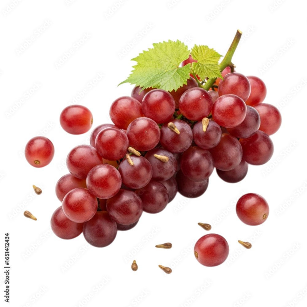 Fototapeta premium Fresh ripe red grapes with green leaves isolated on transparent background