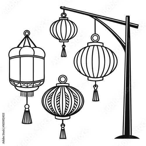 Illustration of four hanging lanterns with tassels suspended from a street lamp post design element on transparent background