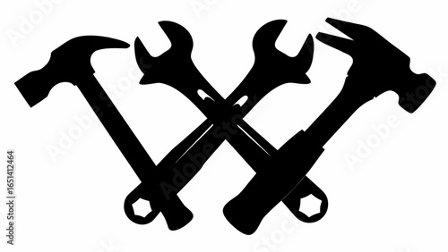 Silhouette of two hammers and two wrenches crossed over each other on a white background design element | editable eps vectors