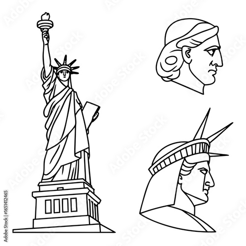 Illustration of the statue of liberty with a torch and two head portraits in black and white outline art on transparent background