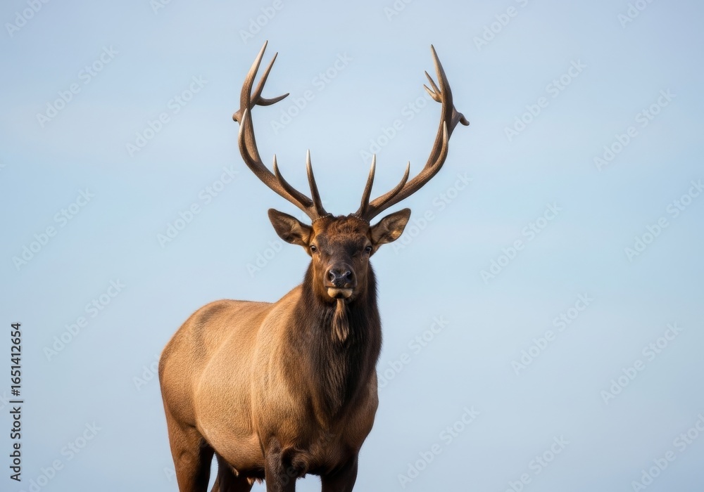 Fototapeta premium Majestic Elk Bull in Profile - A large male elk stands against a pale blue sky, showcasing its impressive antlers and calm demeanor. Perfect for nature, wildlife, or conservation themes