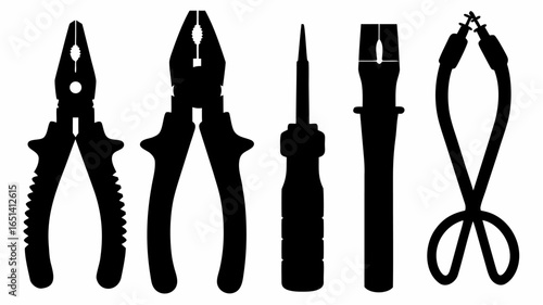 Silhouette depiction of various hand tools including pliers screwdriver and wire strippers in black | editable eps vectors