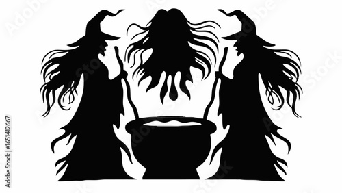 Silhouette of two witches standing on either side of a cauldron with a ghostly figure above it | editable eps vectors