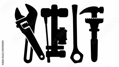 Silhouette of various hand tools including wrenches hammers and a press arranged together nicely | editable eps vectors
