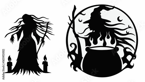 Silhouette of a witch with candles and a cauldron with flames in a circular frame on a white background | editable eps vectors