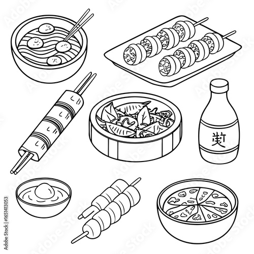 A selection of various asian dishes including soup dumplings and skewers in a black and white drawing on transparent background