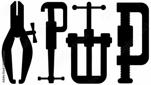Silhouette illustration of four different types of clamps including c clamp and woodworking clamp tools | editable eps vectors