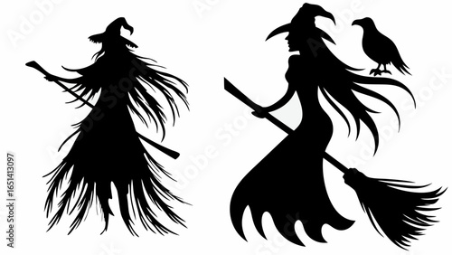 Silhouette illustration of two witches on broomsticks, one with a raven, against a white background design | editable eps vectors