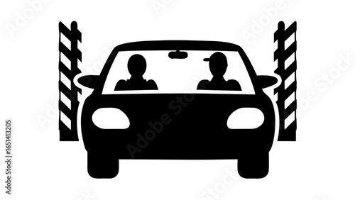 A black and white illustration of a car with two passengers passing through striped barrier posts | editable eps vectors silhouette