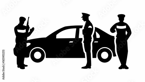 Illustration of three police officers in uniform standing near a car during a traffic stop at daytime | editable eps vectors silhouette