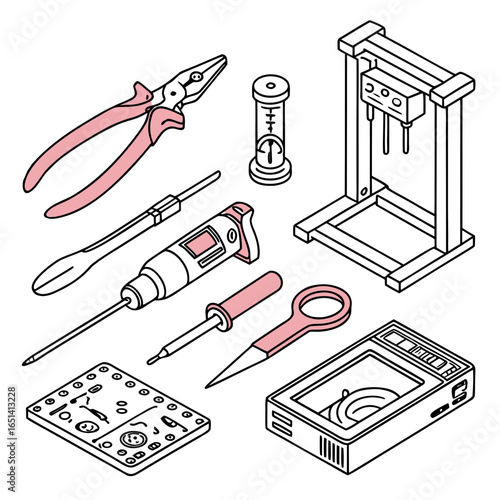 Illustration of various tools including pliers drill soldering iron and testing equipment arranged together on transparent background