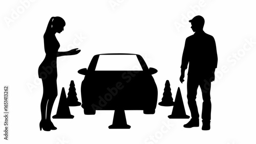 Silhouette of a woman and man standing near a car surrounded by traffic cones in a parking lot area | editable eps vectors