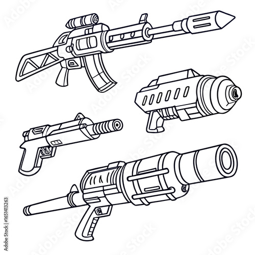 Four outlined futuristic weapons including a rifle, a ray gun, and a blaster on a white background. on transparent background