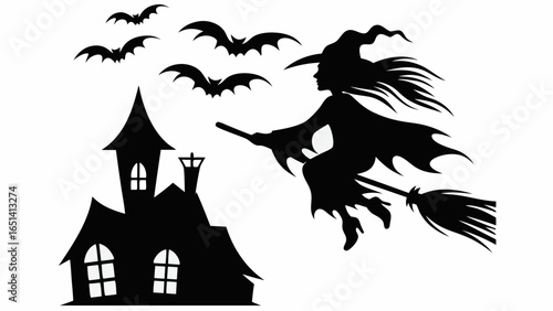Silhouette of a witch flying on a broomstick with bats and a spooky house for halloween night scene | editable eps vectors