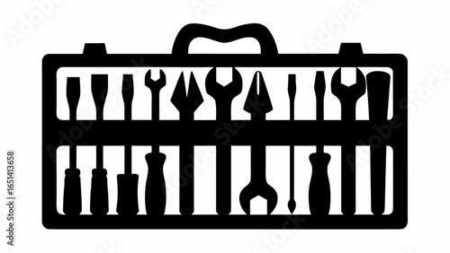 Black silhouette of a toolbox filled with various tools including screwdrivers wrenches and pliers neatly organized | editable eps vectors