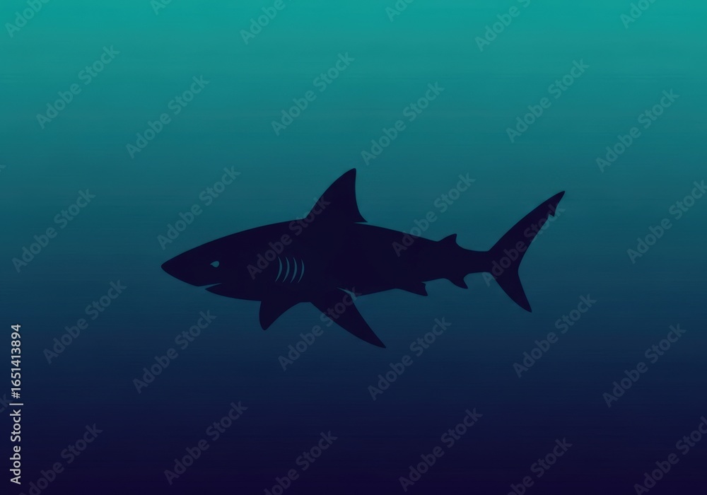 Fototapeta premium A dark silhouette of a shark swimming in the deep blue ocean, conveying a sense of mystery and power