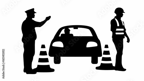 Silhouette of traffic stop with police officers car and cones showing driver being pulled over and checked | editable eps vectors