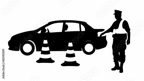 Silhouette of a car stopped by traffic cones with a police officer standing next to the vehicle trunk | editable eps vectors