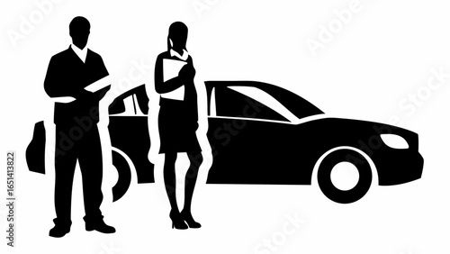 Silhouette of a man and woman standing next to a car, possibly a salesperson and customer at a dealership | editable eps vectors