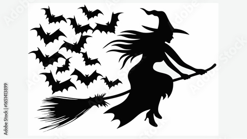 Silhouette of a witch flying on a broomstick with a group of bats in a halloween themed illustration | editable eps vectors