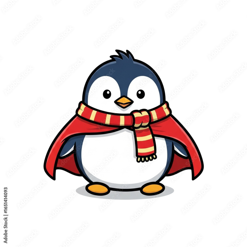 Obraz premium Cute cartoon penguin wearing a red cape and striped scarf isolated on transparent background