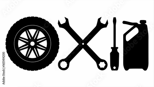 Illustration of a tire, crossed wrenches, a screwdriver, and a fluid container in black silhouette style | editable eps vectors