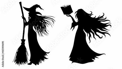Silhouetted witches one with a broom and the other reading a book in a spooky halloween scene art | editable eps vectors