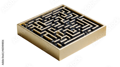 A compact square maze with both entry and exit points, designed for a logic game, isolated on a white background
