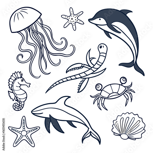 Outlined marine animals including jellyfish, dolphins, starfish, seahorse, and crab in black and white on transparent background