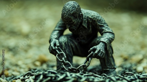 A figure of a man, weighed down by chains, symbolizing the struggle of overcoming financial hardship and unfulfilling work.