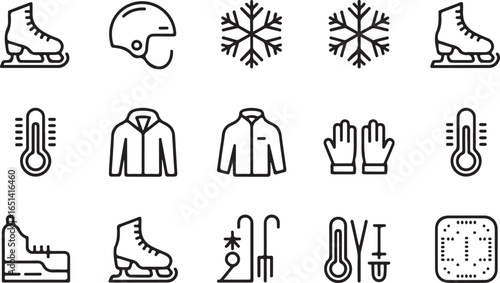 Minimalist winter sports icons featuring equipment like ice skates, gloves, and jackets for extreme cold and fitness activities.