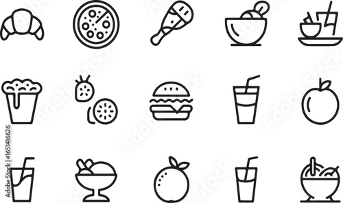 A collection of food and drink items depicted in clean, minimalist icons representing a variety of eating and drinking choices.