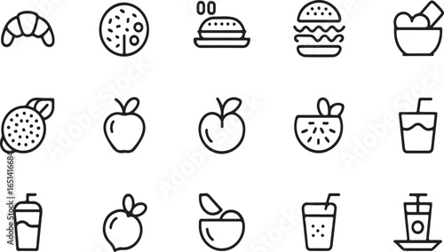 Simple line icons showcasing a selection of tasty snacks and drinks, perfect for food and beverage illustration.