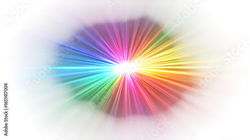 A dramatic burst of saturated neon rainbow light rays radiating from the center, isolated on a white background