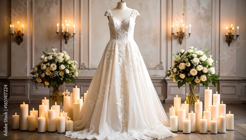 Elegant Wedding Dress with Candlelit Room.