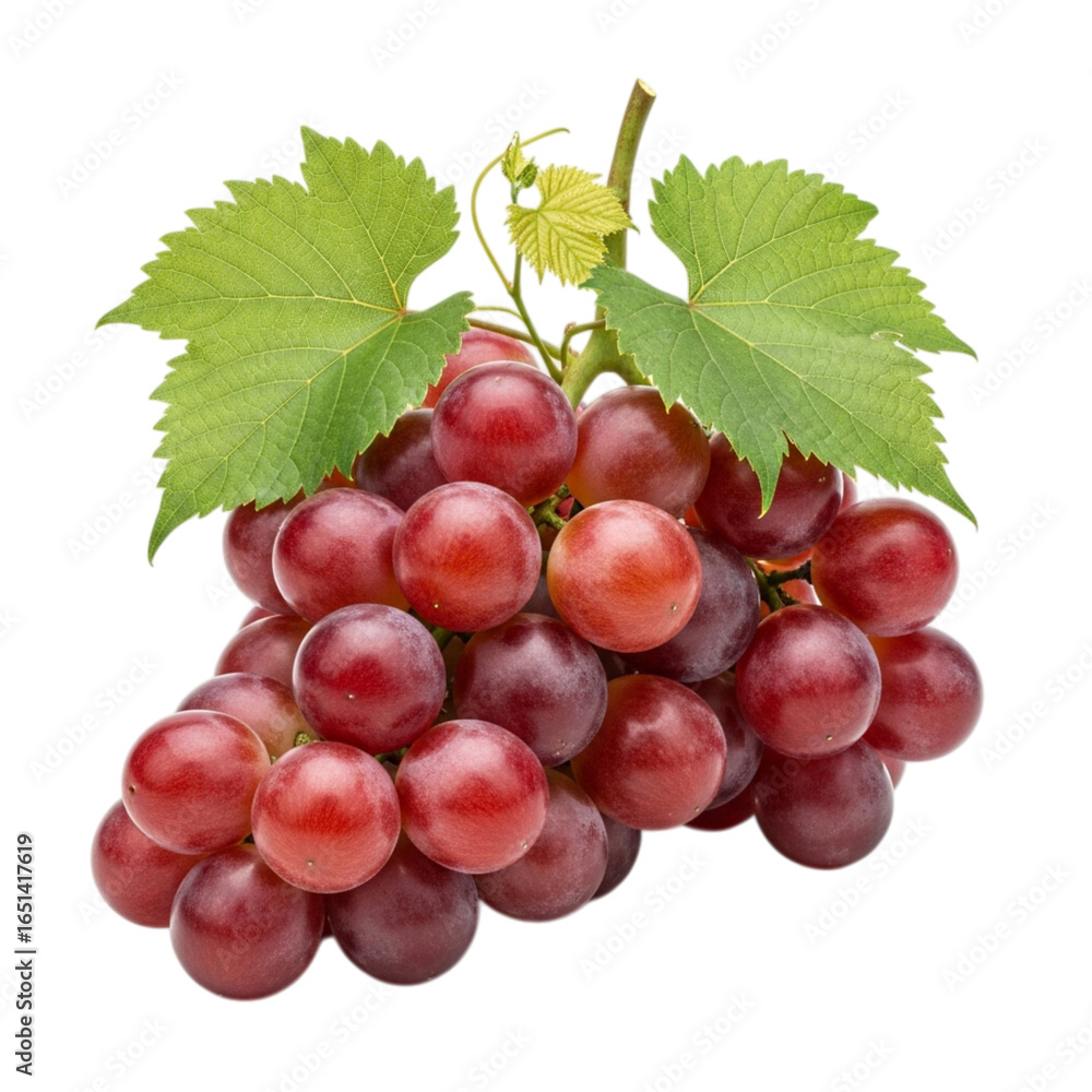 Fototapeta premium Fresh ripe red seedless grapes with green leaves isolated on transparent background