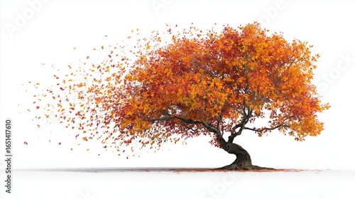 Tree with falling in mid air autumn leaves, isolated on white background